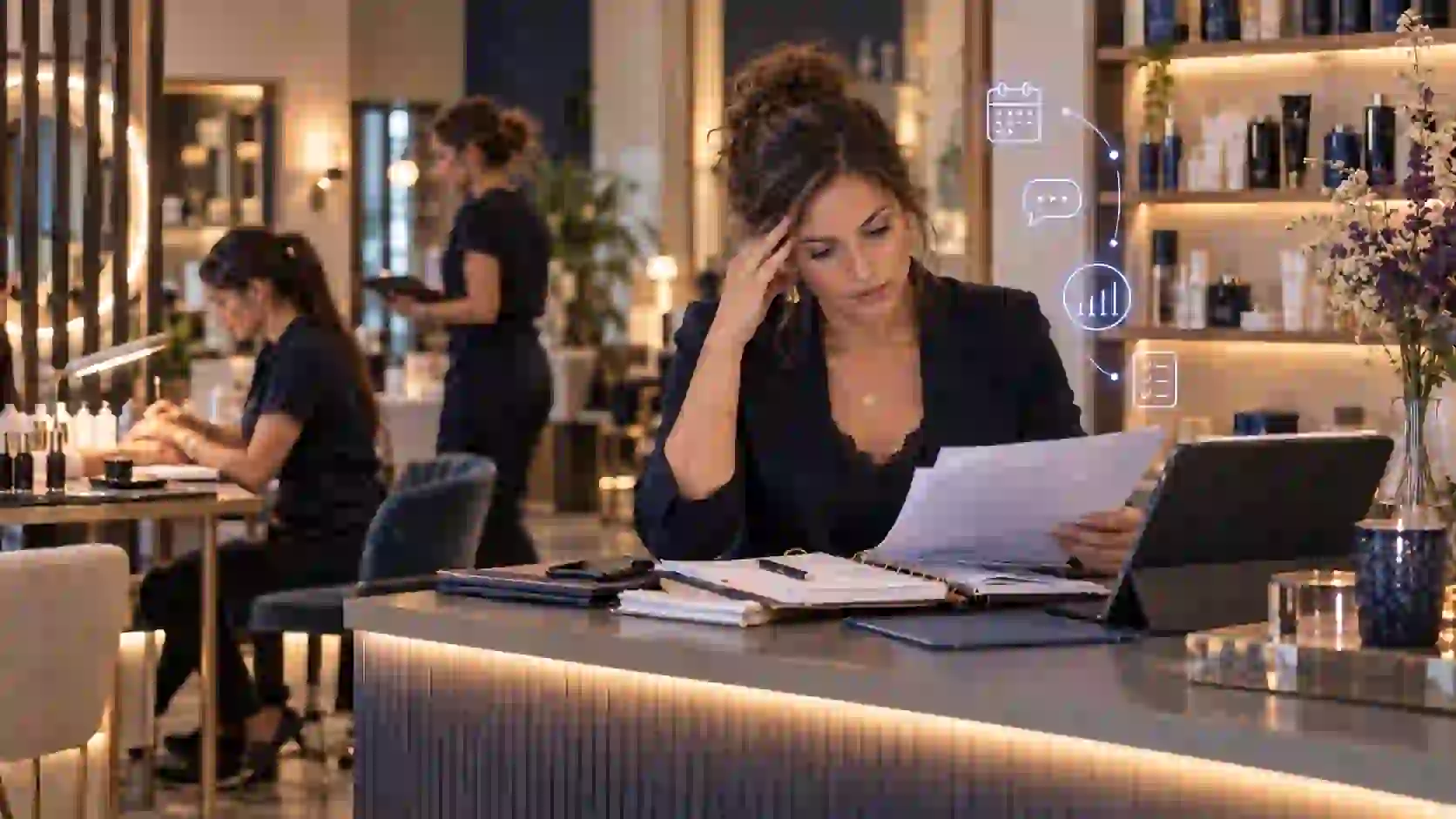 Esthéticienne dans un institut de beauté consultant une tablette, avec des pictogrammes d’automatisation